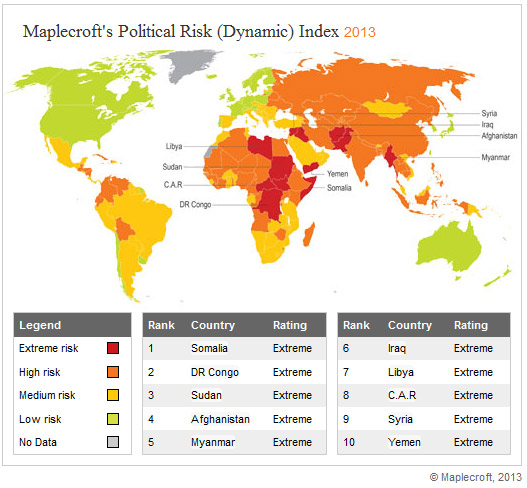 Maplecroft Riskmap 2013 Political Risk Atlas Forecasts Global Risk Hotspots | Maplecroft